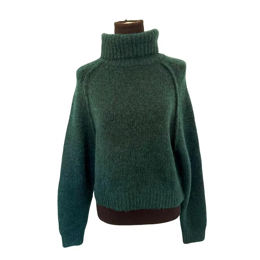 Zara Teal Alpaca Wool Blend Turtleneck Sweater Medium Soft Cozy Knit